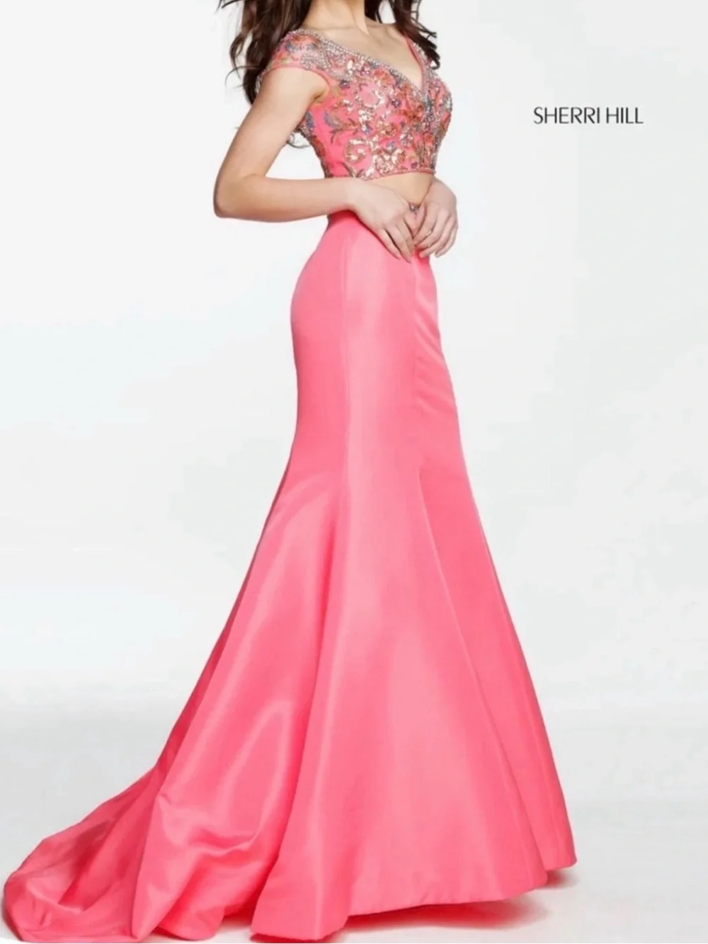 NWT Sherri Hill Coral Two-Piece Beaded Mermaid Prom Gown Dress 51167 - Size O